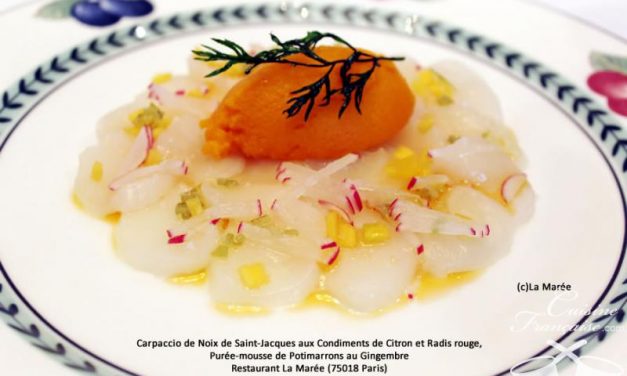 Carpaccio de Noix de Saint-Jacques aux Condiments de Citron et Radis rouge, Purée-mousse de Potimarr