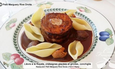 Lièvre à la Royale, châtaignes glacées et girolles, conchiglie